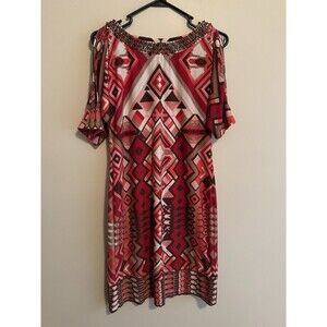 Chico's size 0 red brown beige cold shoulder short sleeve slinky sheath dress